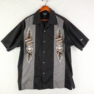 Ironhorse Shirt Mens Extra Large Black Gray Striped Camp Embroidered Rockabilly